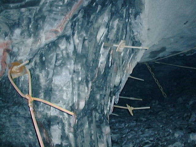 Underground rock face with installed roof support, from Comodex Mining Operations Management course material
